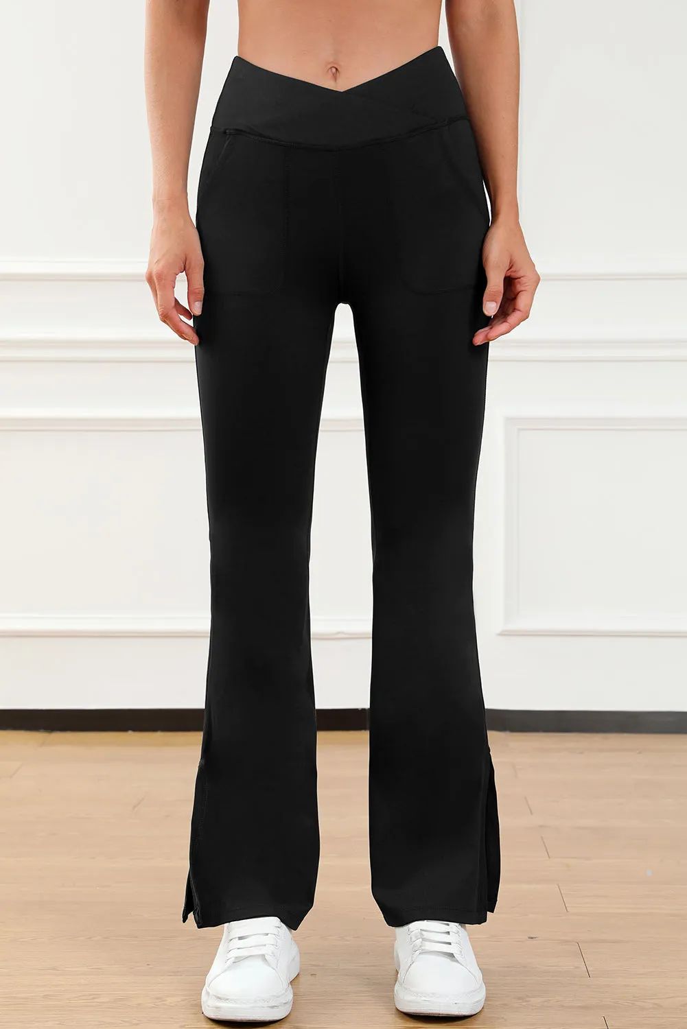 Black Cross Waist Pocketed Split Hem Flared Leggings