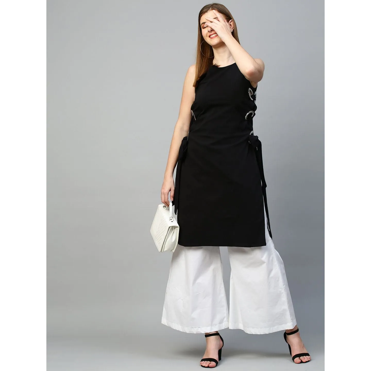 Black top with white pants cord set