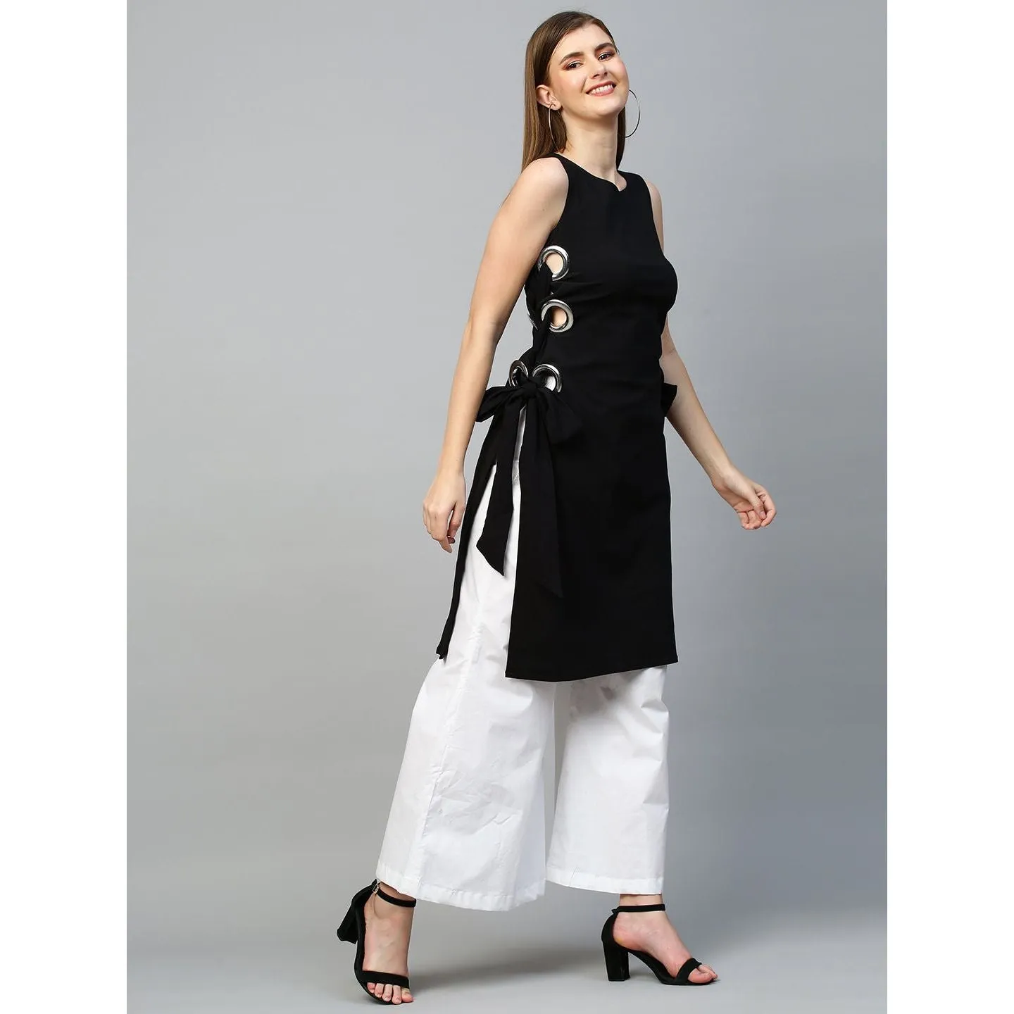 Black top with white pants cord set