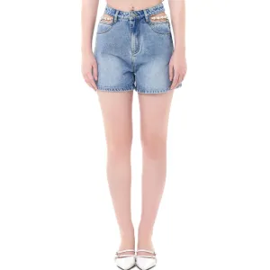 Blue Cutout Pearl Chain Denim Shorts
