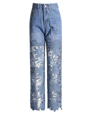 Commuting StyleJeans With Patchwork Lace Design