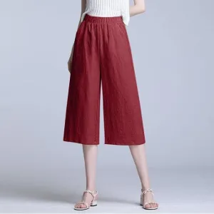 Cotton Blend Cropped Pants Women Summer Loose Wide Leg Straight Casual Pants