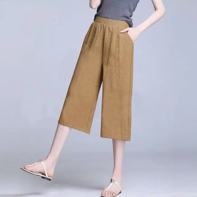 Cotton Blend Cropped Pants Women Summer Loose Wide Leg Straight Casual Pants