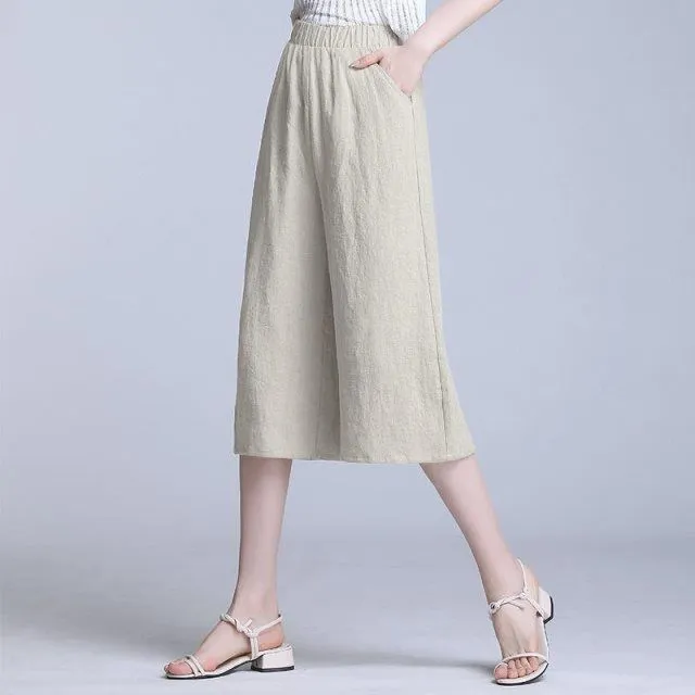 Cotton Blend Cropped Pants Women Summer Loose Wide Leg Straight Casual Pants