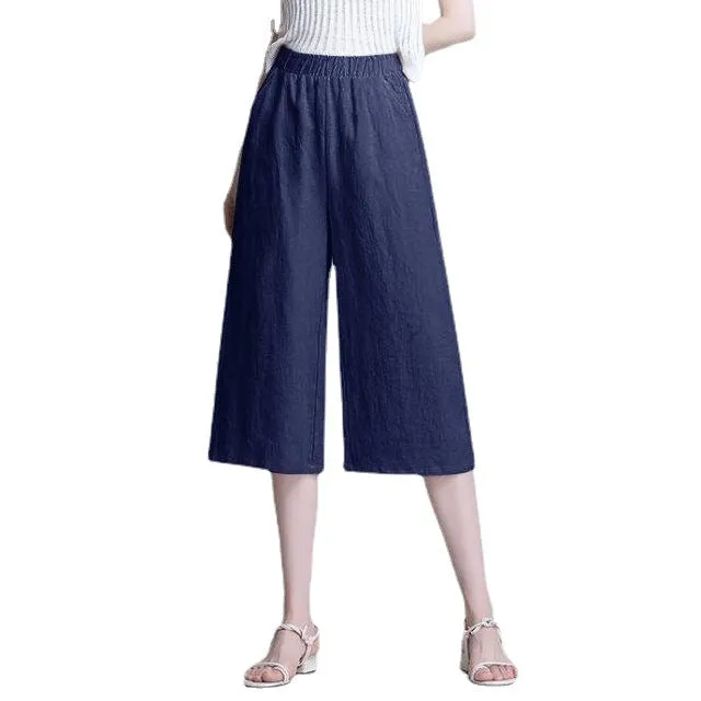 Cotton Blend Cropped Pants Women Summer Loose Wide Leg Straight Casual Pants