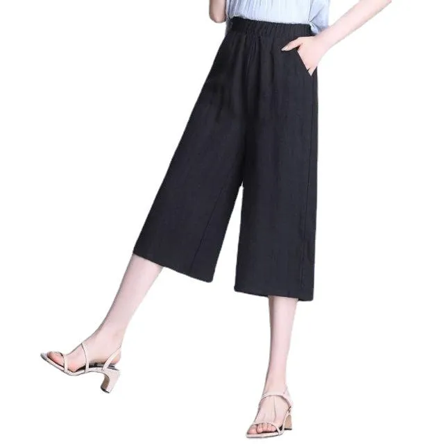 Cotton Blend Cropped Pants Women Summer Loose Wide Leg Straight Casual Pants