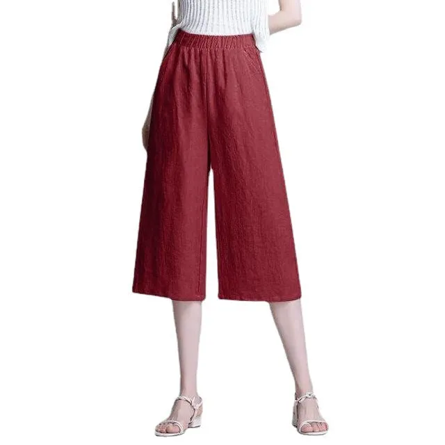 Cotton Blend Cropped Pants Women Summer Loose Wide Leg Straight Casual Pants