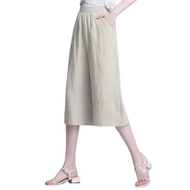 Cotton Blend Cropped Pants Women Summer Loose Wide Leg Straight Casual Pants
