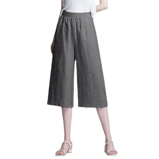 Cotton Blend Cropped Pants Women Summer Loose Wide Leg Straight Casual Pants