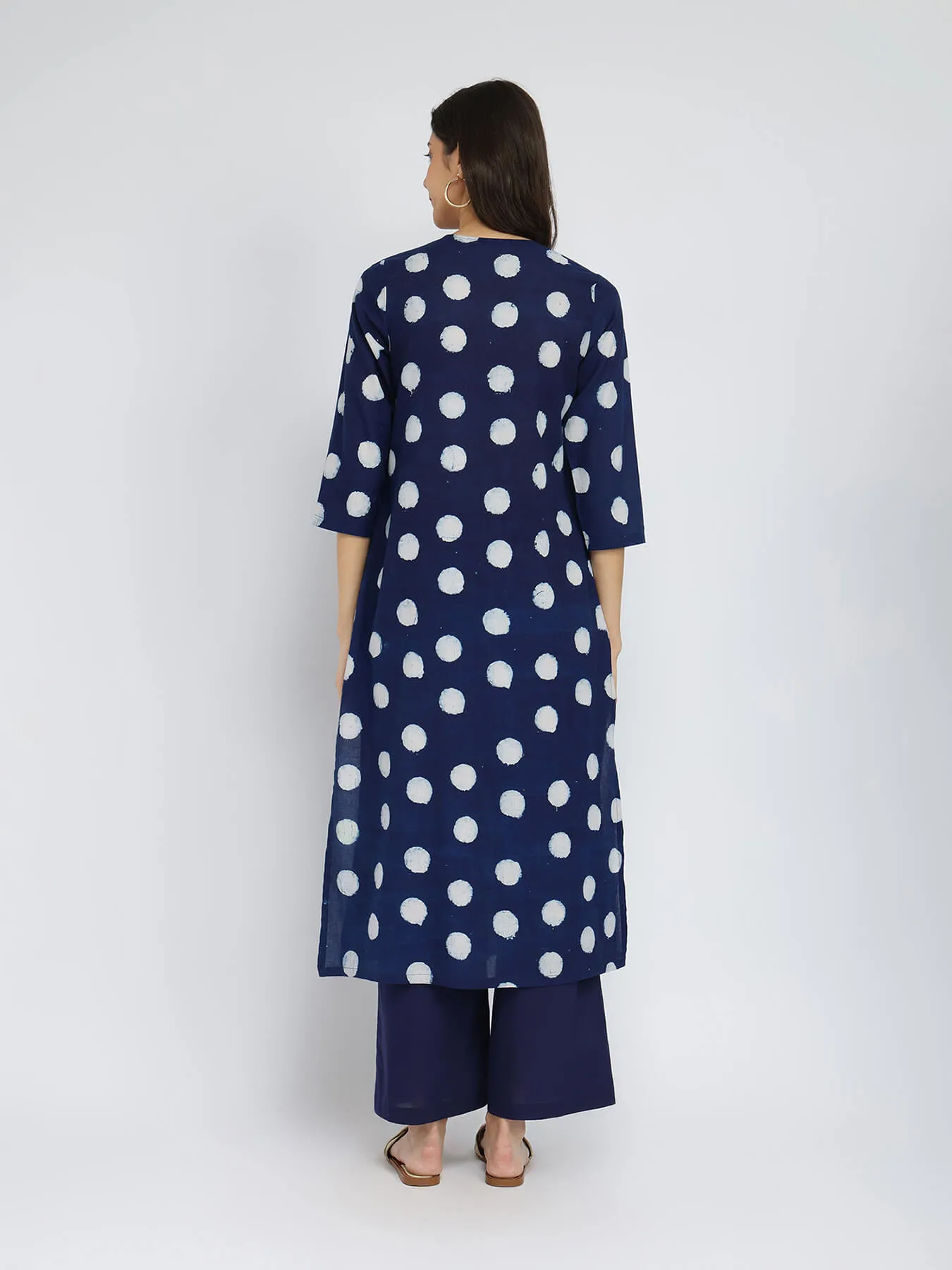 Cotton Dabu Polka Pleated Kurta Set - Indigo