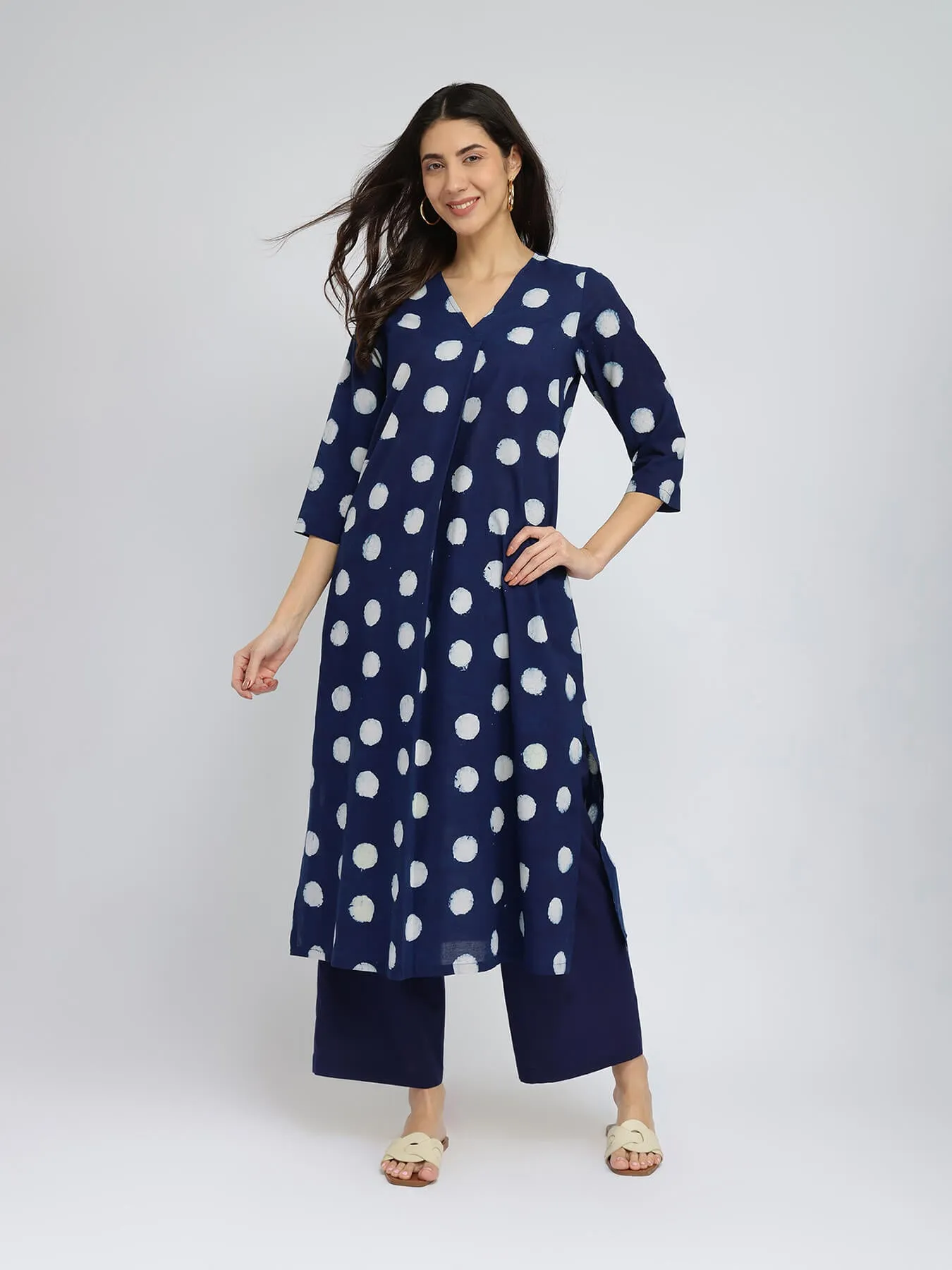 Cotton Dabu Polka Pleated Kurta Set - Indigo