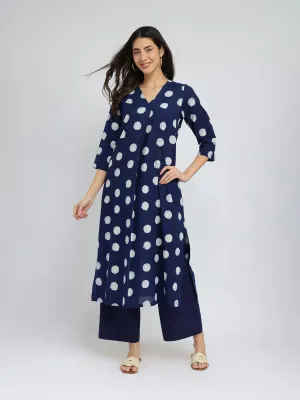 Cotton Dabu Polka Pleated Kurta Set - Indigo