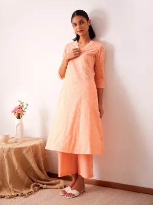 Cotton Jacquard Kurta Set - Peach
