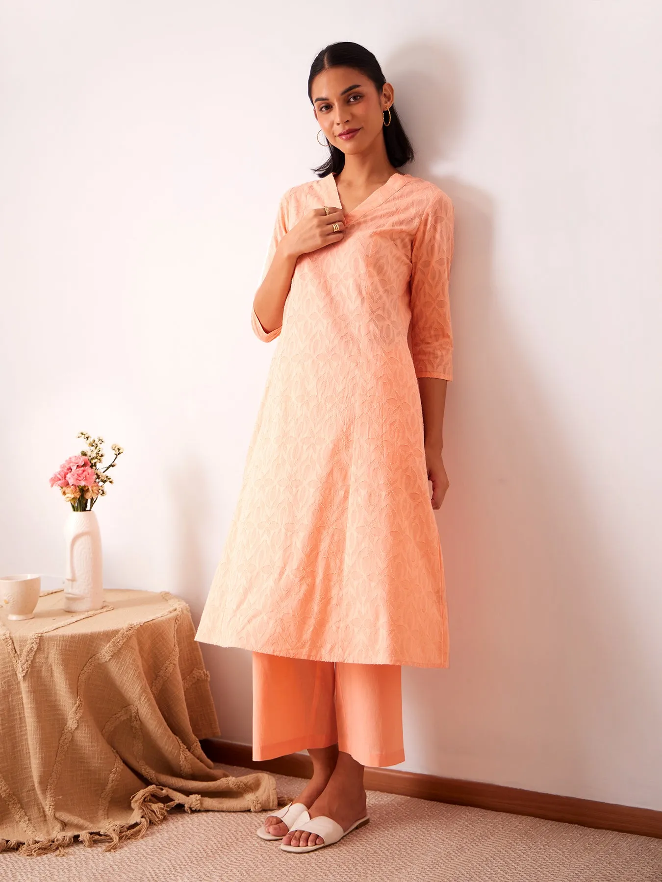 Cotton Jacquard Kurta Set - Peach