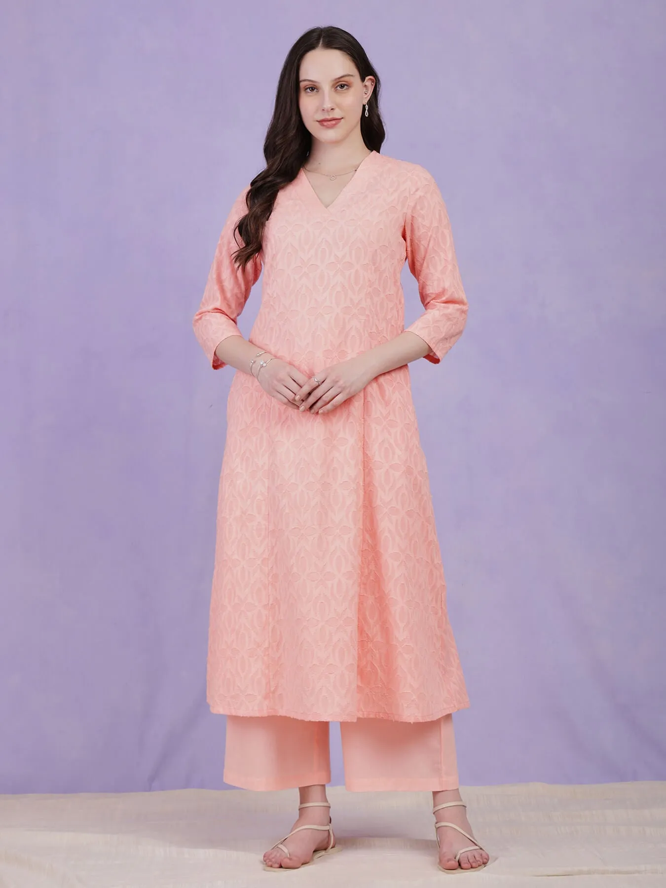 Cotton Jacquard Kurta Set - Peach