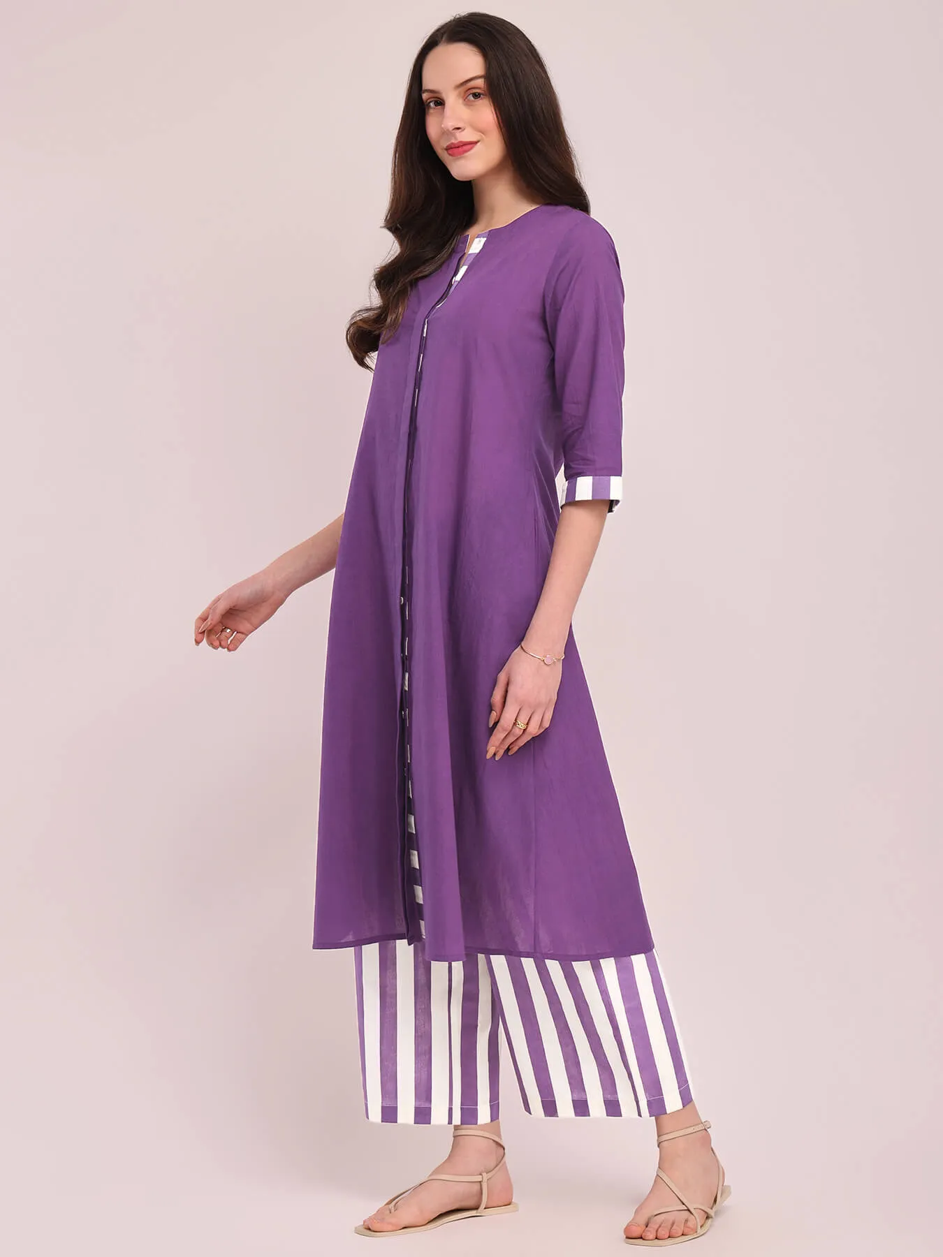 Cotton Solid Kurta Set - Purple