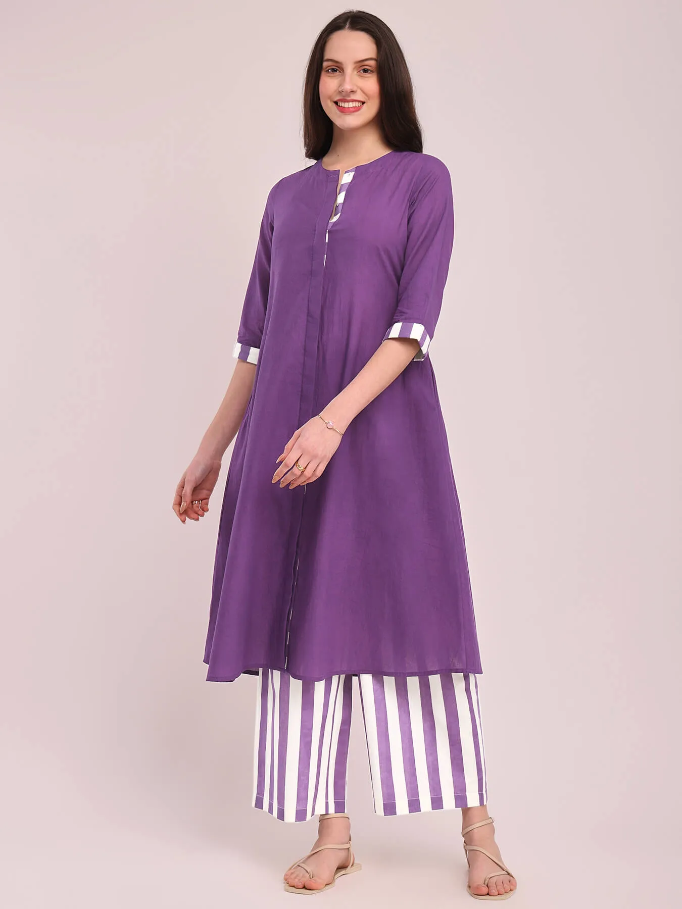 Cotton Solid Kurta Set - Purple