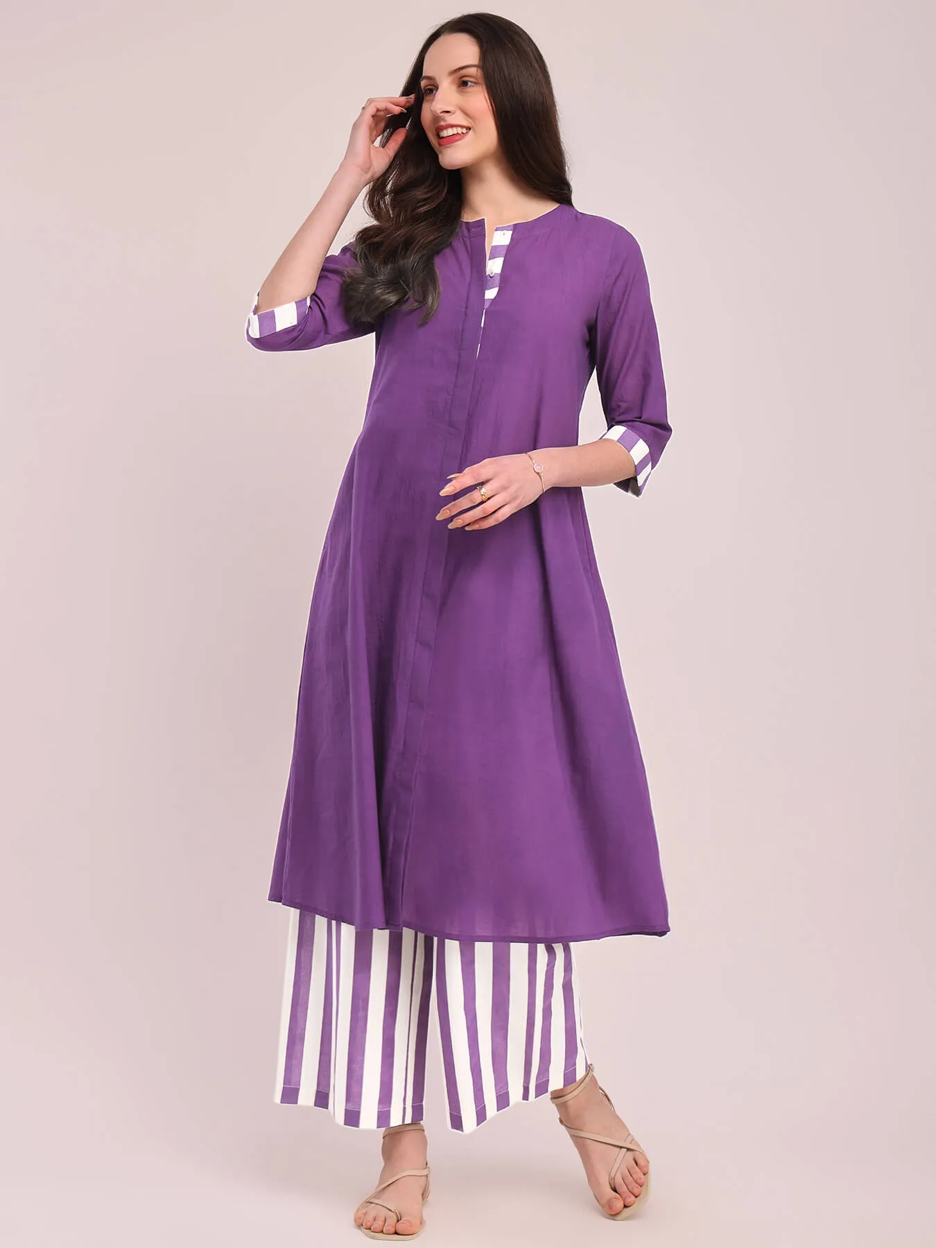 Cotton Solid Kurta Set - Purple