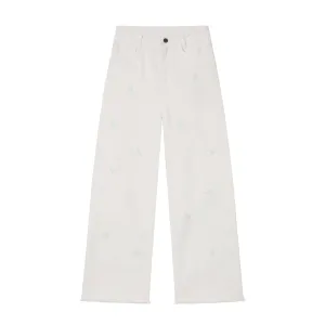 Flower Piece Beaded Wide-leg Jeans in White