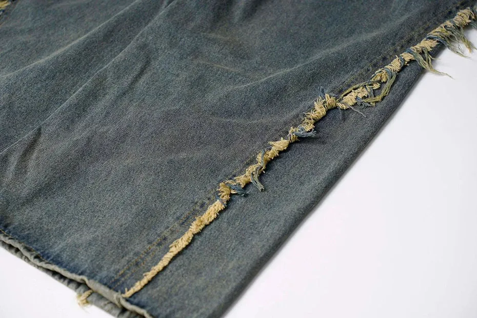 Frayed Edge Cross Stitch Flared Denim Jeans