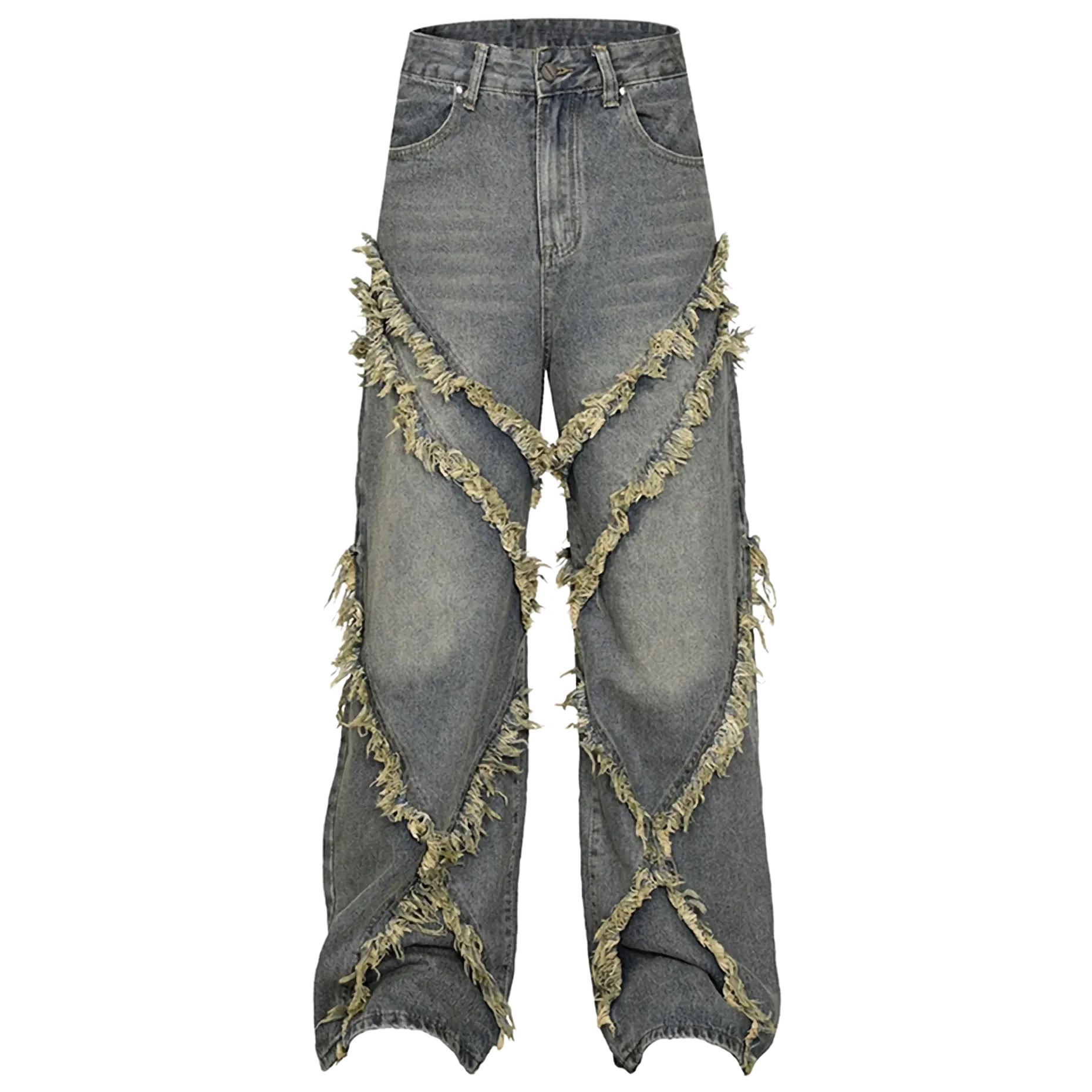 Frayed Edge Cross Stitch Flared Denim Jeans
