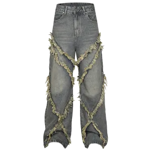 Frayed Edge Cross Stitch Flared Denim Jeans