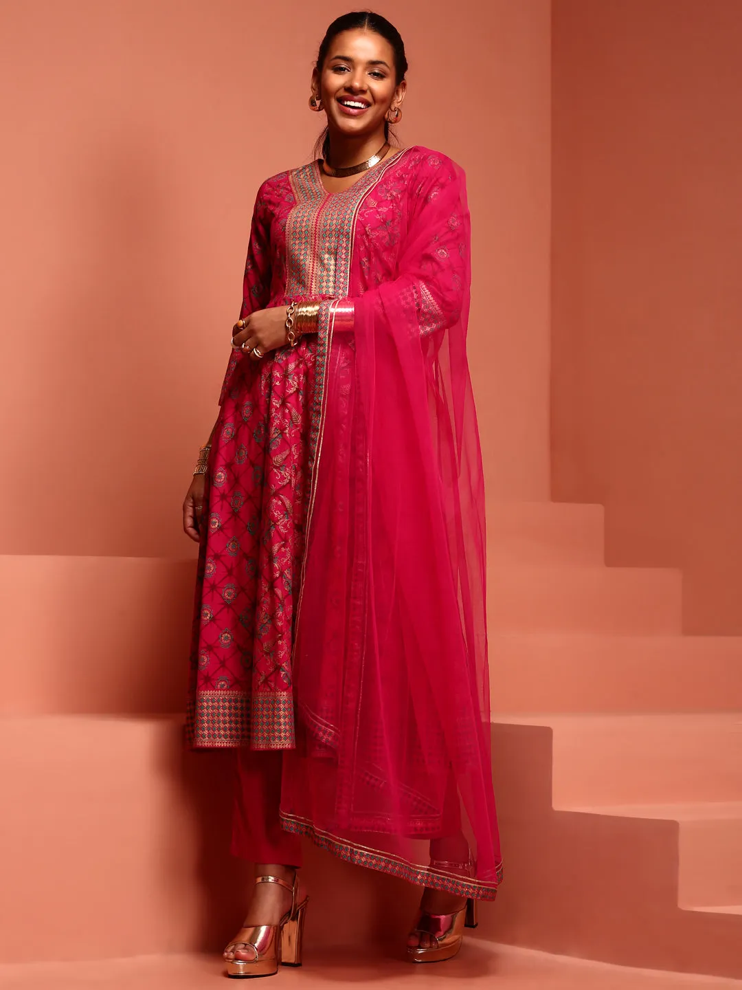 Fuchsia Kalidar Printed Kurta Set