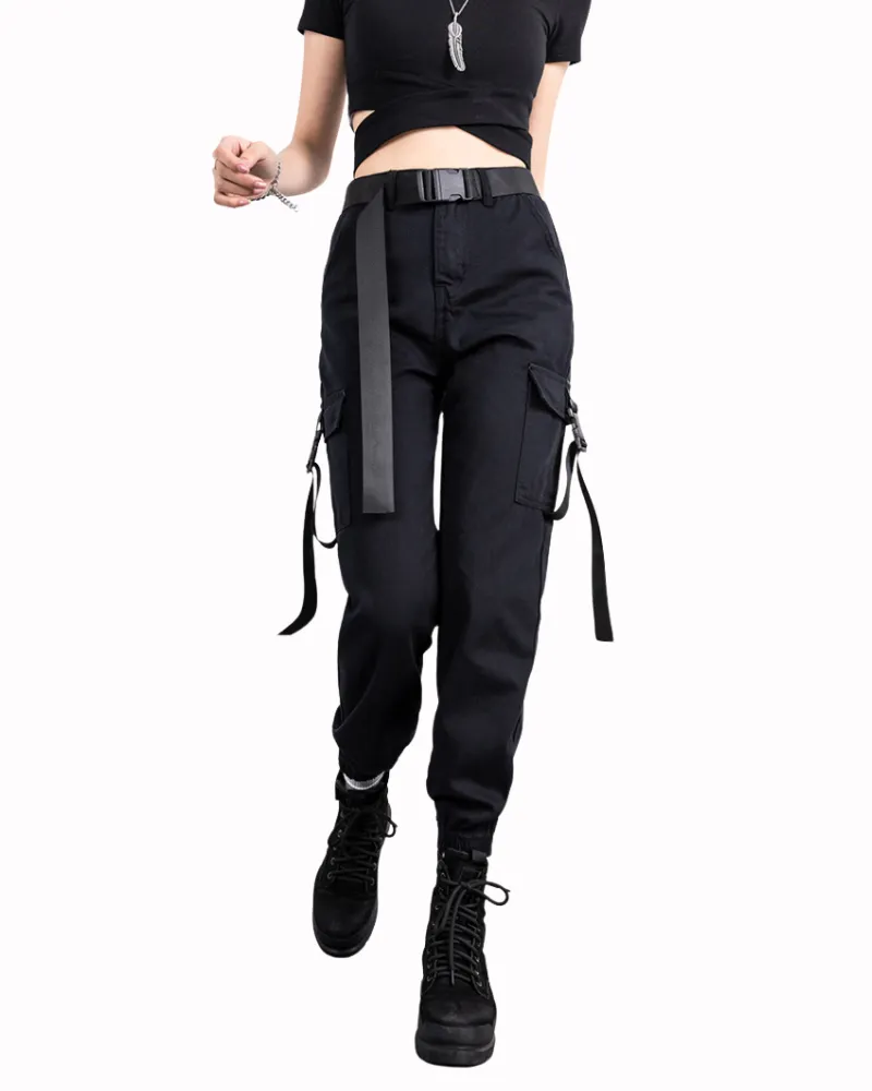 Futuristic Belt Black Women Cargo Pants