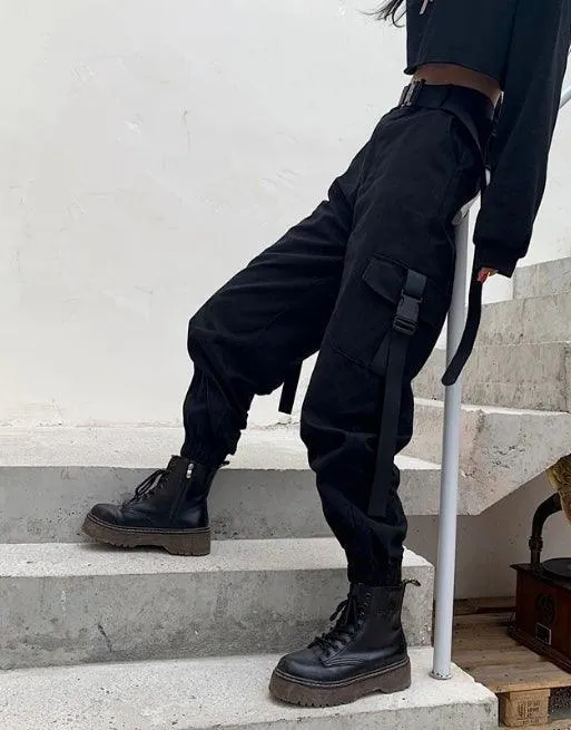 Futuristic Belt Black Women Cargo Pants