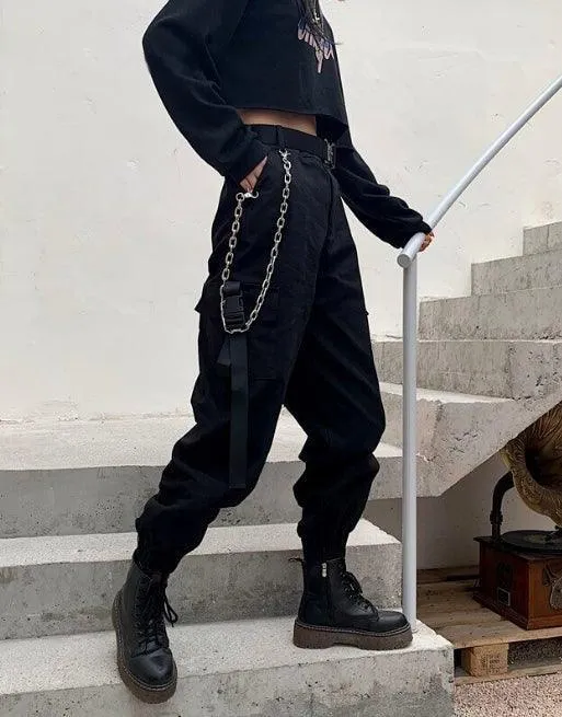 Futuristic Belt Black Women Cargo Pants