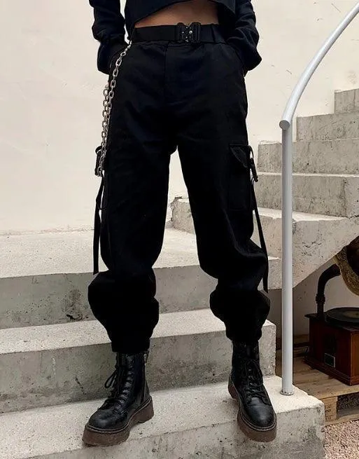 Futuristic Belt Black Women Cargo Pants