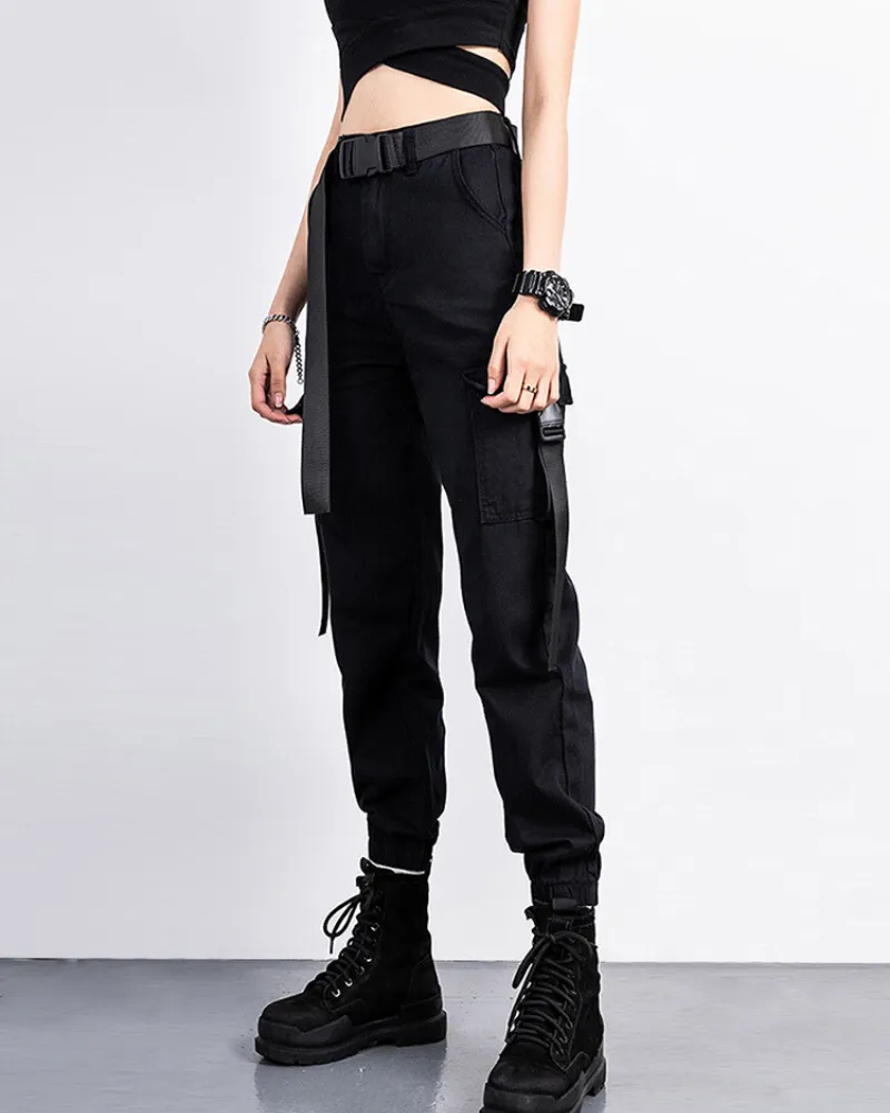 Futuristic Belt Black Women Cargo Pants