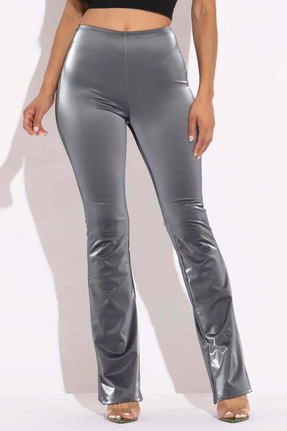 Gray Velvet PU Flared Pants