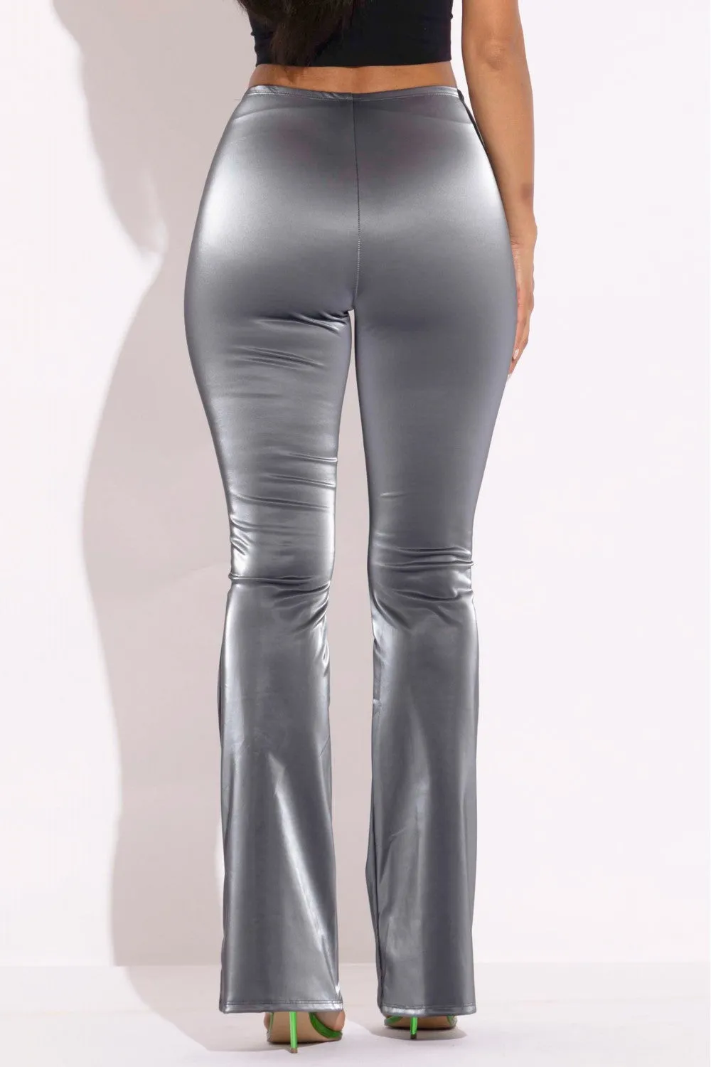 Gray Velvet PU Flared Pants
