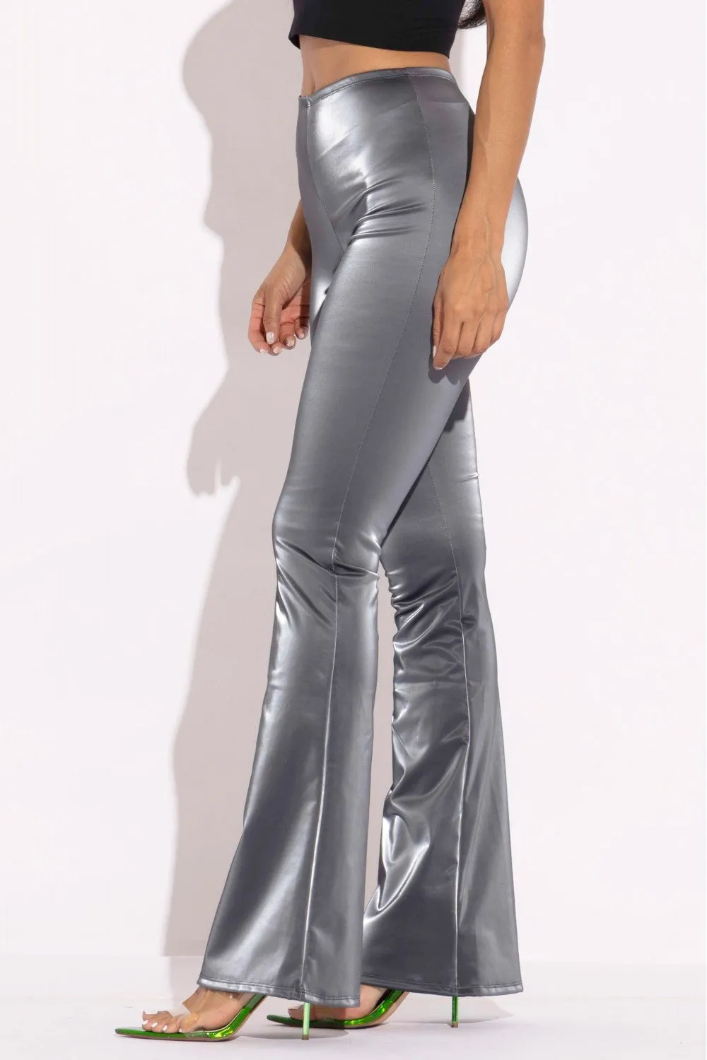 Gray Velvet PU Flared Pants