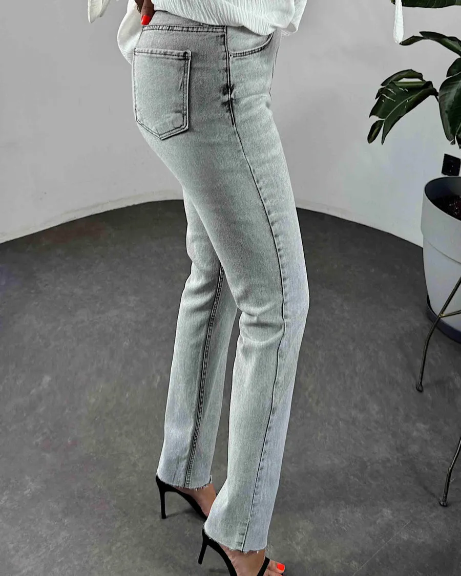 Hochtaillierte Boyfriend Damenjeans Grau