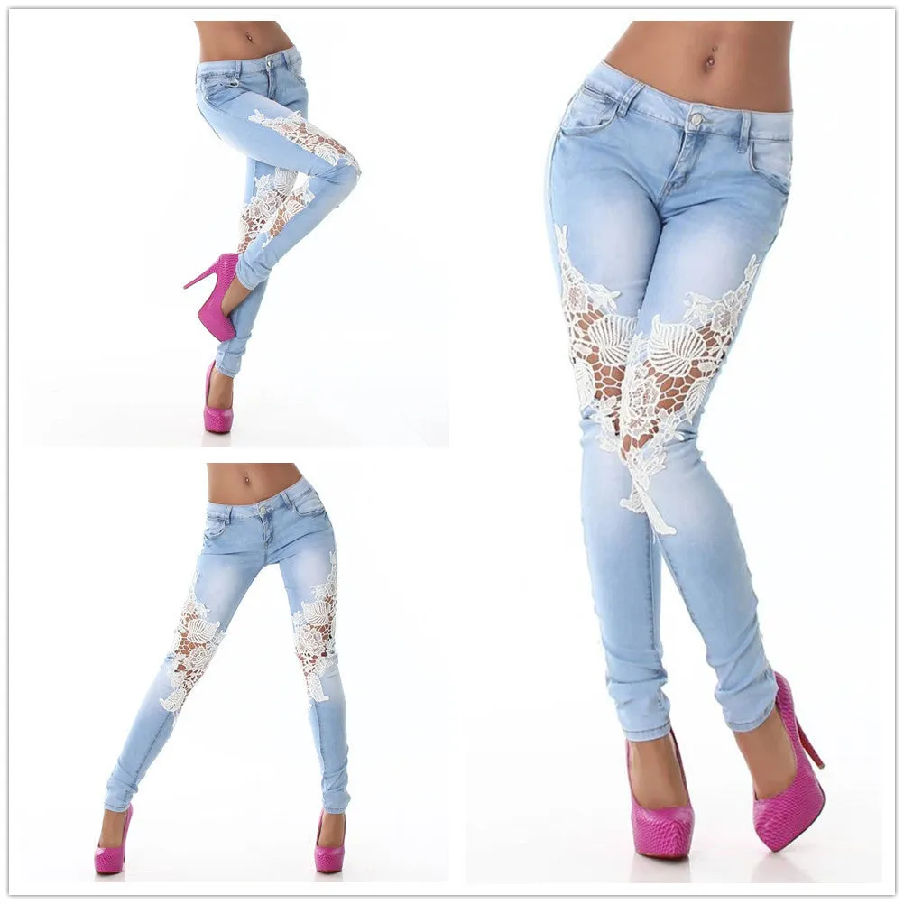Lace Splicing Jeans Pants