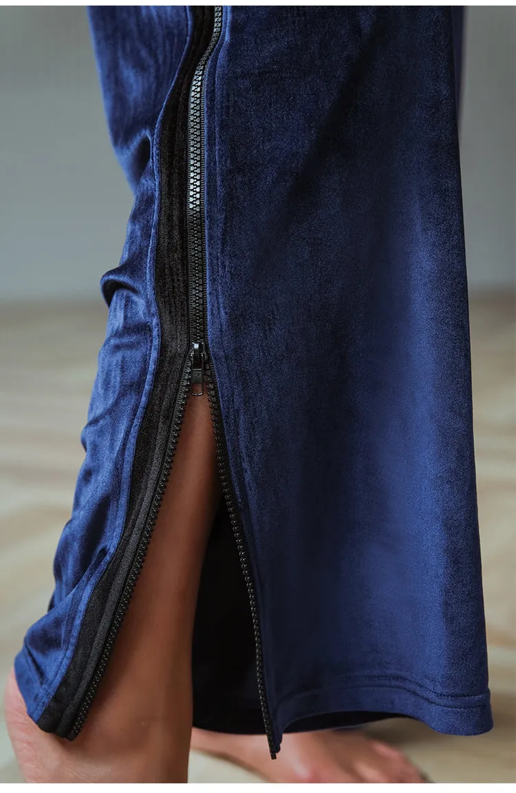LANIKAR SIDE STRIPE VELVET FLARE JOGGER WITH SIDE ZIP DETAIL