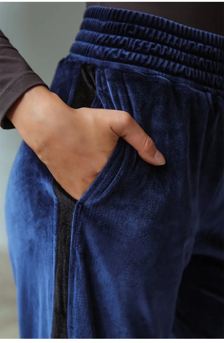 LANIKAR SIDE STRIPE VELVET FLARE JOGGER WITH SIDE ZIP DETAIL