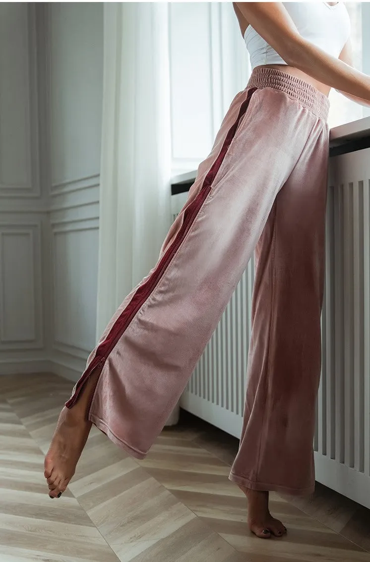 LANIKAR SIDE STRIPE VELVET FLARE JOGGER WITH SIDE ZIP DETAIL