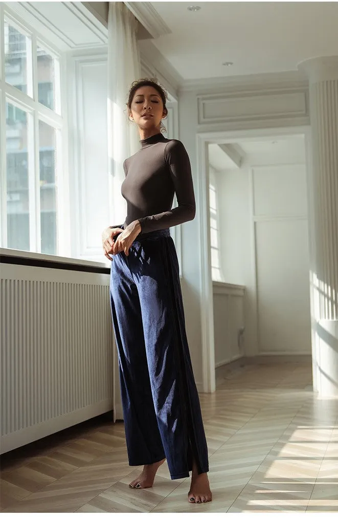 LANIKAR SIDE STRIPE VELVET FLARE JOGGER WITH SIDE ZIP DETAIL