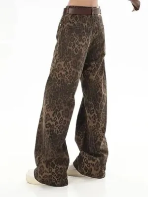 Leopard print jeans wide leg pants