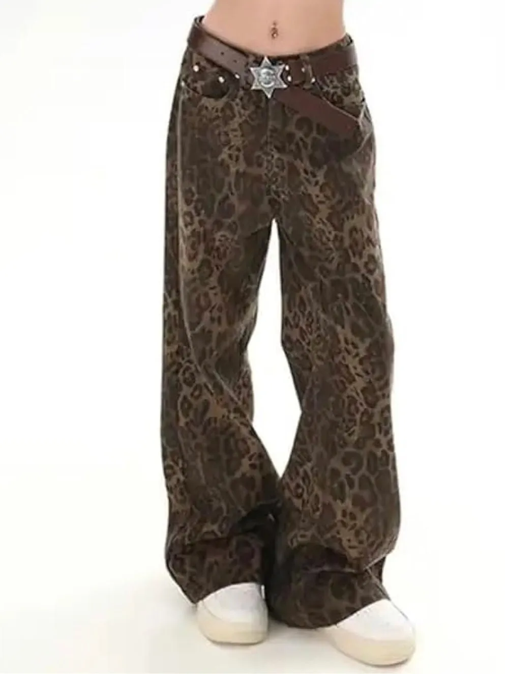Leopard print jeans wide leg pants