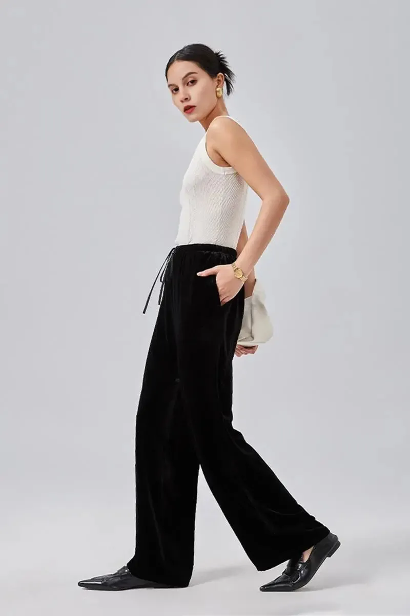 Loose Fit Wide Leg Silk Lined Velvet Pants