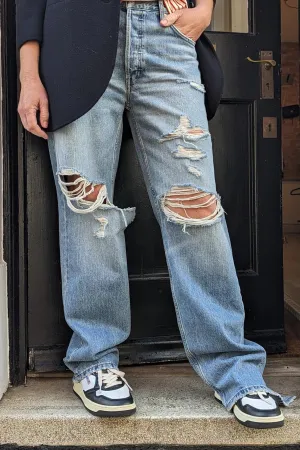 Loose Long Ripped & Faded Indigo Jeans