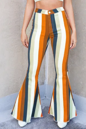 Multicolor Striped Print High Waist Flare Denim Pants