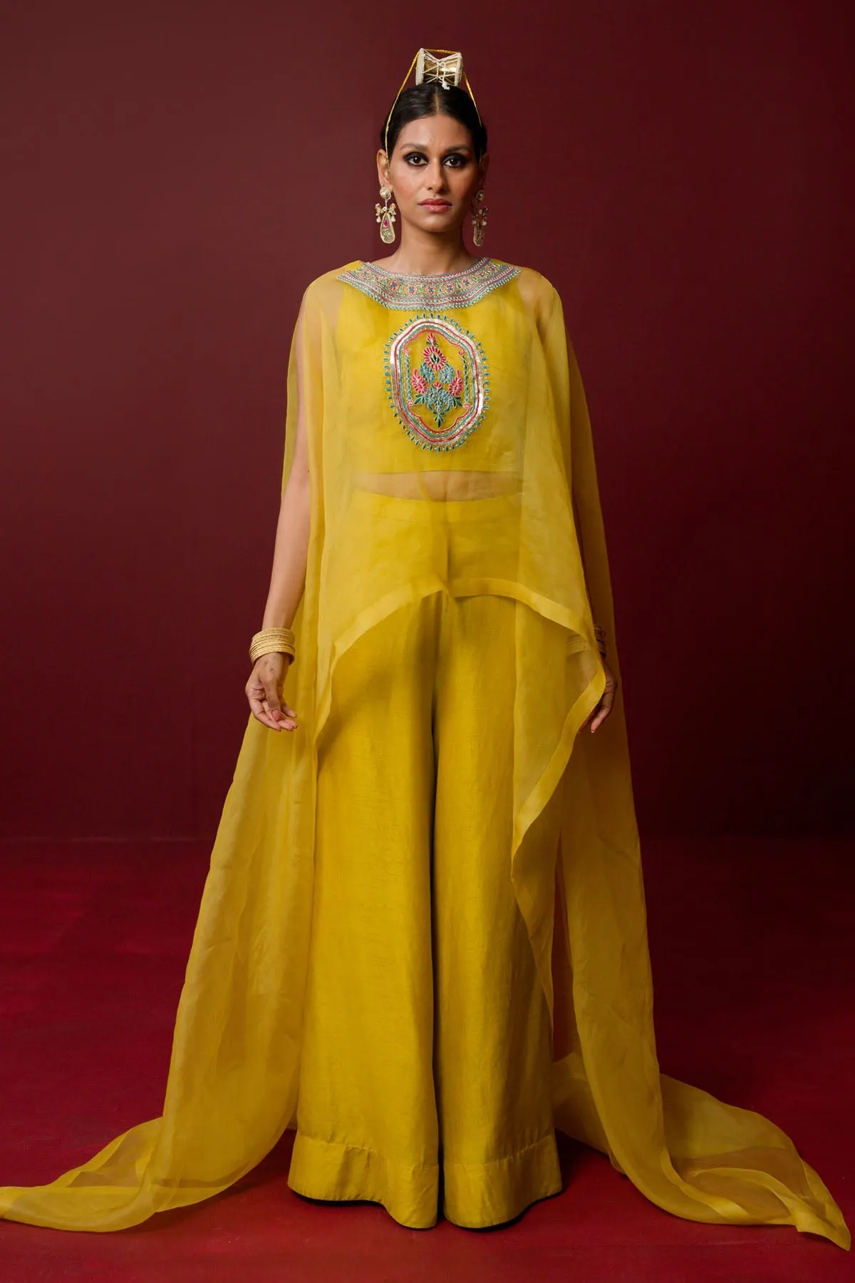 Mustard Embroidered Cape Set