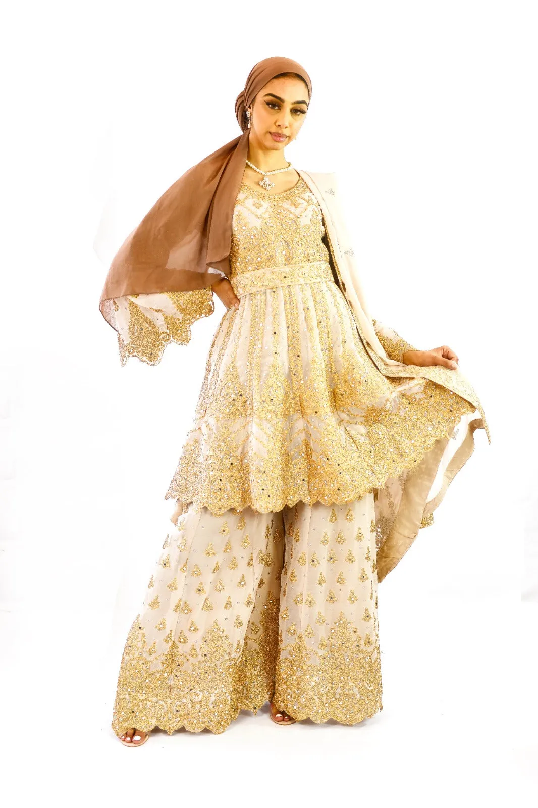 Peplum bell arms tailback top Sharara suit | Gold