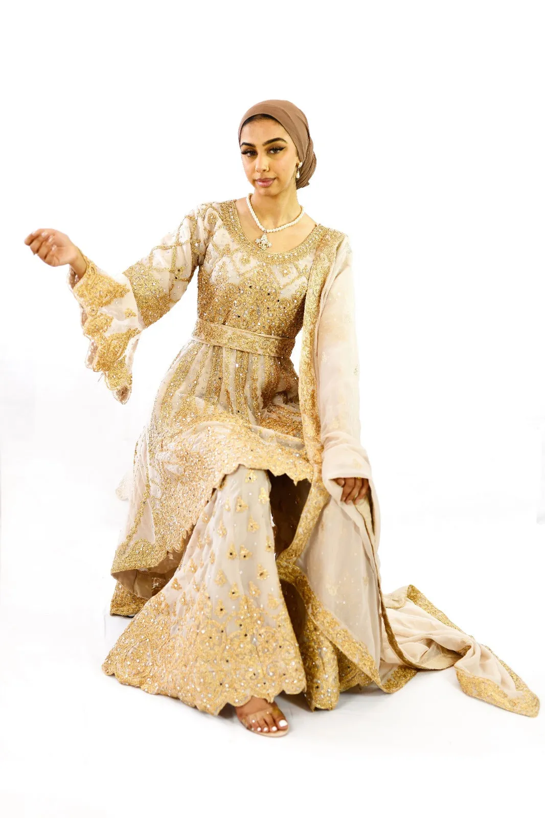 Peplum bell arms tailback top Sharara suit | Gold