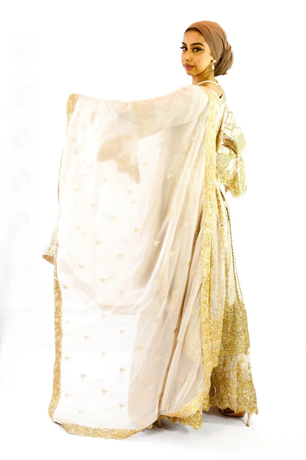 Peplum bell arms tailback top Sharara suit | Gold